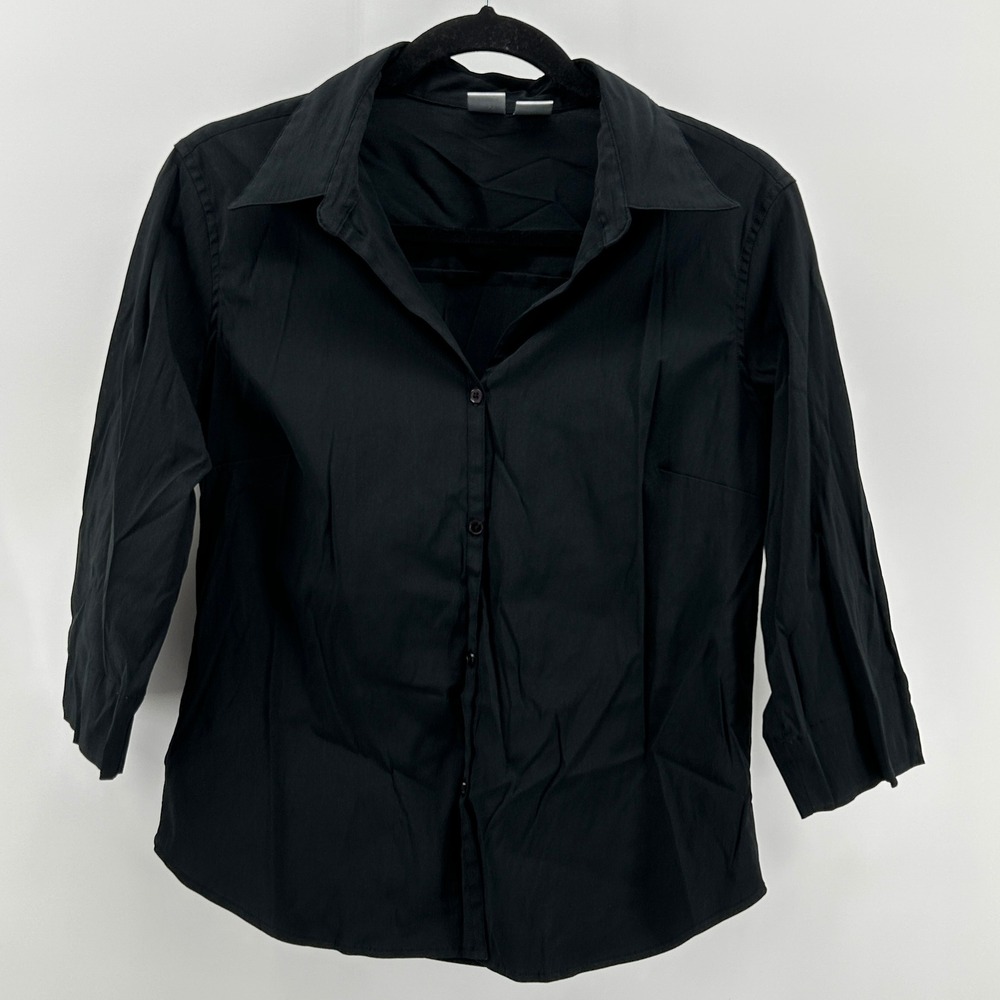 Quizz Again Petite Stretch Black 3/4 Sleeve Button Down Shirt PL Y2K Goth Office
